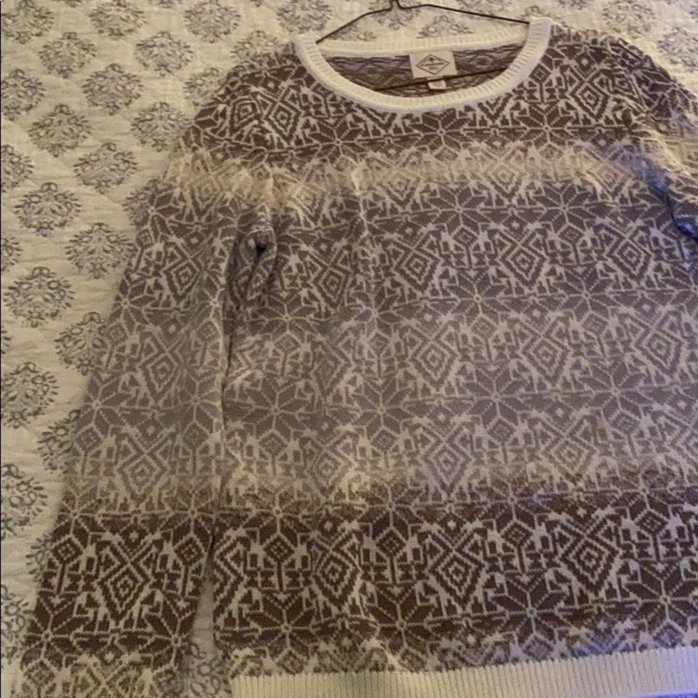 Sweater: blue tan and brown.